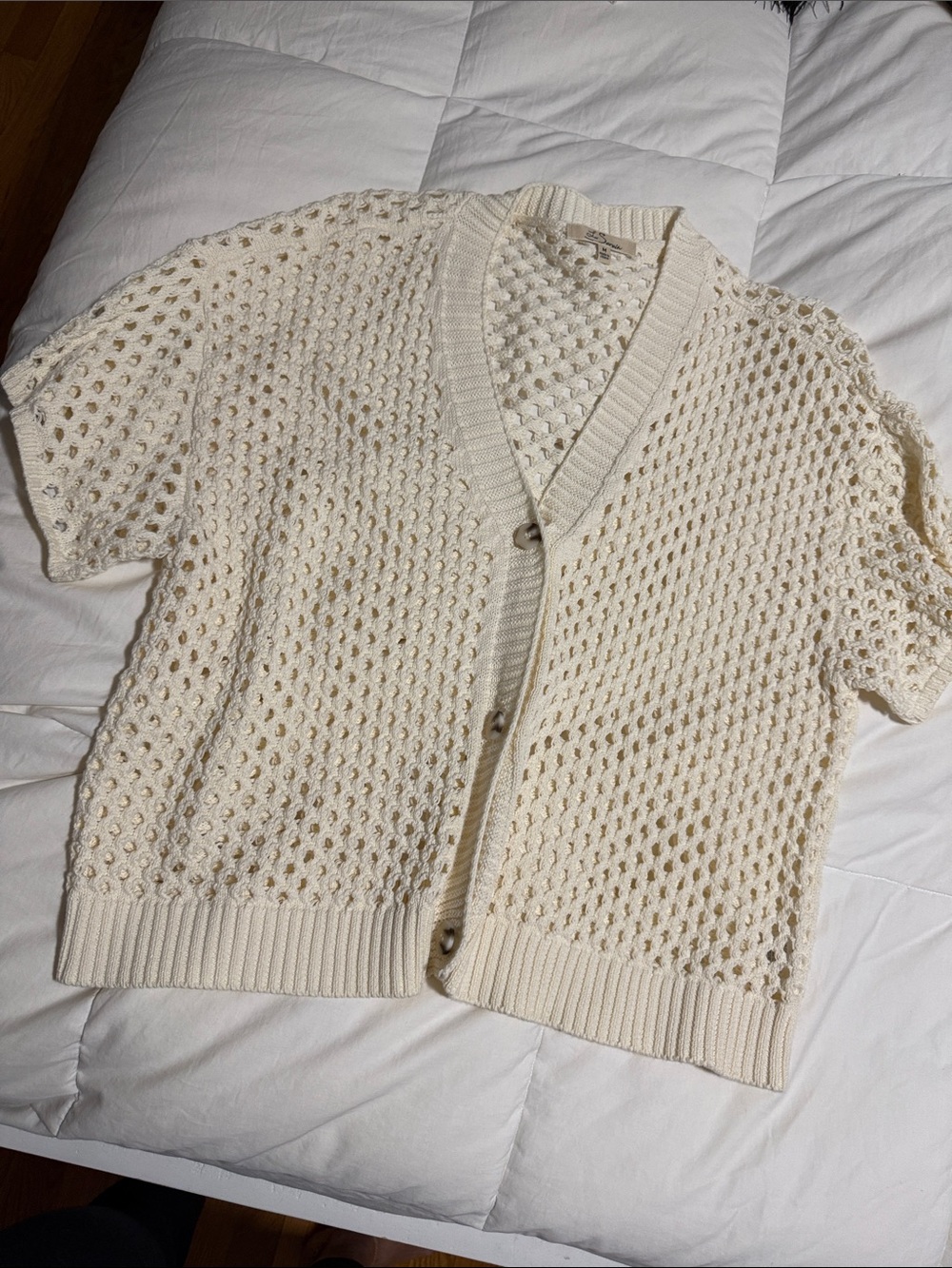 Cream Open-Knit Short Sleeve Cardigan